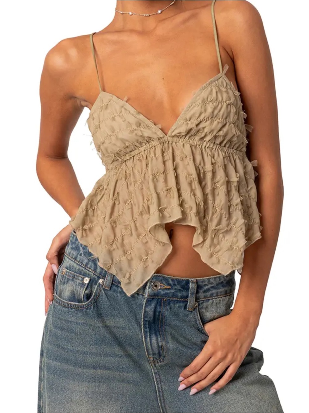 Edikted Flutter Frill Tie Back Babydoll Festival Bohemian Beige Halter Top